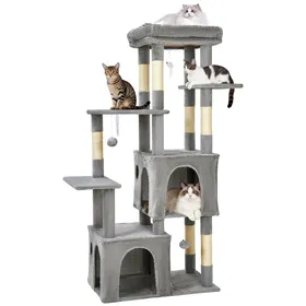 Meilleurs prix pour Arbre à chat robuste 155 cm Multi-niveaux grands chats perchoir XL 2 niches poteaux à griffer  jouets suspendusGris clair