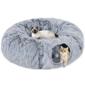 Comparer les prix de Tunnel pour chat intérieur - PawHut - en forme de donut avec coussin lavable et jouet balle - polyester - 90x80x27cm - gris clair