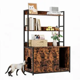 Meilleurs prix pour Meuble cache-litière chat 132cm en bois marron armoire design 2 étagères maison intérieure avec portes pratiques + tapis griffoir