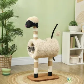 Meilleurs prix pour Arbre Chat Forme Mouton Marron Clair Avec Griffoir Tunnel Et Jouet Dimensions 48x34x98cm Design Ludique Et Fonctionnel Pour