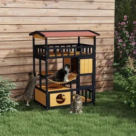 Comparer les prix de Niche grotte en bois jaune pour chat avec plateformes et pont suspendu. Cabane intérieur/extérieur pour 2 chats max 84x60x116cm