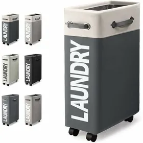 Comparer les prix de Panier Linge Slim Pliable 45L avec Roues Collecteur Buanderie Blanc Gris Fonc Label