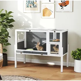 Meilleurs prix pour Cage pour petits animaux clapier surélevé convertible au sol 120 x 53 x 93 cm bois sapin métal PET gris ORVRYN