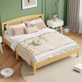 Meilleurs prix pour MODFU Lit double Lit adulte 160 x 200 cm en rotin avec 15 lattes, coussin filet en rotin, naturel