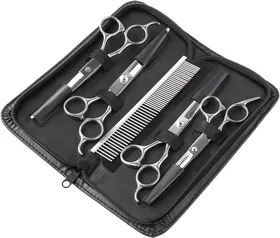 Comparer les prix de Kit de toilettage de ciseaux en acier inoxydable 5 pièces avec poche pour peigne, chiffon de nettoyage pour chiens, chats et animau