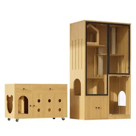 Comparer les prix de Niche Meuble pour chat avec villa intégrée maison en verre et espace litière - Commode multi-fonctions couleur bois dérable jaune