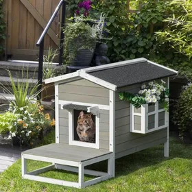 Meilleurs prix pour Niche Maison pour chat avec terrasse & balcon adaptée chiens - 115x665x747cm - Design sapin gris & blanc