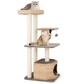 Comparer les prix de COSTWAY Arbre à Chat Multi-niveaux en Bois 131 CM, Poteaux à Poteaux à Gratter en Sisal, Perchoir, Condo, Balle Suspendue, Coussins