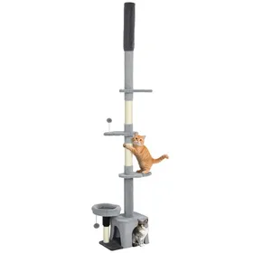 Comparer les prix de Arbre à chat du sol au plafond - PawHut - réglable en hauteur de 225-255 cm - à plusieurs niveaux - revêtement en peluche - gris