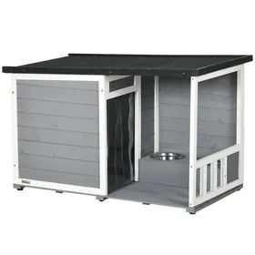 Meilleurs prix pour Niche Chien Terrasse Sapin Résistante Intempéries 2 Gamelles Toit Asphalte Gris 103x62x60-66cm Extérieur Antidérapante
