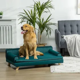Meilleurs prix pour Canapé pour chien chat  Lit canapé chiens design scandinave coussin moelleux amovible pieds bois massif 100 x 62 x 32 cm bleu