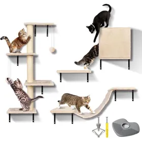 Comparer les prix de Mur D'Escalade Pour Chats - Éléments Muraux Pour Chats - 10 Pièces - En Bois Solide - Avec Grand Pont Suspendu - Arbre À Chat