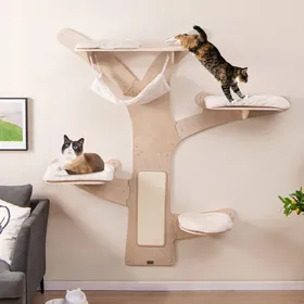 Meilleurs prix pour GOPLUS Arbre à Chat Mural, avec 4 Plateformes Rembourrées, 1 Hamac, 1 Planche à Griffer, Centre d'Activités en Bois à 5 Niveaux