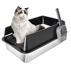 Meilleurs prix pour XJING-Bac à litière pour chat 60*40*30cm-Design cannelé-Bac à chat en métal anti-éclaboussures-Grand modèle noir