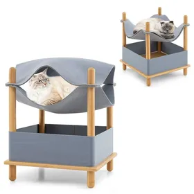 Comparer les prix de COSTWAY Maison pour Chat en Bois à 2 Niveaux, Condo Semi-Clos, Feutres Amovibles, Espace de Rangement, Lit Hamac Élevé pour Chat