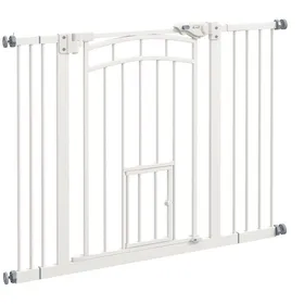 Meilleurs prix pour Barrière descalier blanche 74-100 cm avec fermeture automatique et chatière - Sécurité enfants et chiens sans perçage