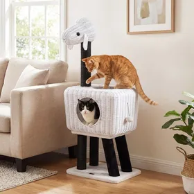 Comparer les prix de Arbre à Chat Multi-Niveaux 110 cm COSTWAY en Rotin PE Forme Mouton Condo Spacieux Griffoirs en Sisal Coussin Lavable et Pompon