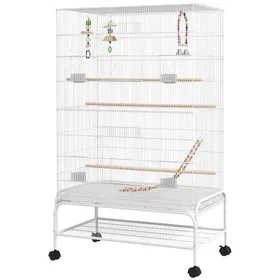 Comparer les prix de LIA Cage à oiseaux sur pieds roulettes avec 4 mangeoires et 3 perchoirs 79 x 49 x 133 cm blanc