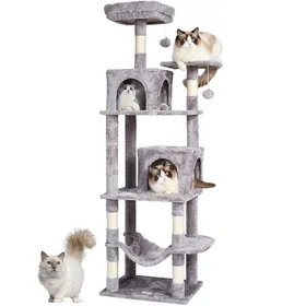 Comparer les prix de Vevor Arbre à chat pour chats d’intérieur, Tour à chat de 63 po avec condos pour 2 chats, griffoir en sisal, hamac, perchoir supérieur, gris clair