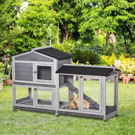 Comparer les prix de Clapier bois pour lapins petit enclos animaux villa pour lapin sur roulettes 2 étages 3 plateaux coulissants 1574x53x995 cm gris