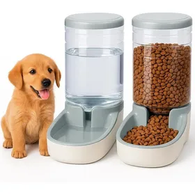 Comparer les prix de Distributeur Automatique de Croquettes 2 Unités 38 L - avec Gamelles Nourriture et Eau - pour Chats et Chiens Gris