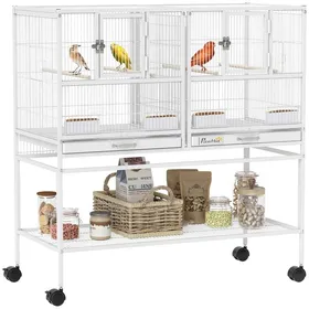 Meilleurs prix pour Grande cage à oiseaux avec séparateur roulettes 4 mangeoires 4 perchoirs étagère 2 bacs amovibles 94x455x102 cm blanc