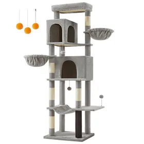 Meilleurs prix pour Grand Arbre à Chat, Tour à Chat de 190,7 cm de Haut, avec 2 Niches, 2 Paniers, 5 Griffoirs, Perchoir, Hamac, Gris Tourterelle