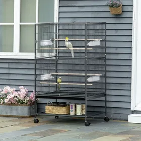 Meilleurs prix pour Cage à oiseaux sur pied volière oiseaux intérieur 4 perchoirs en bois et mangeoires fil dacier gris foncé