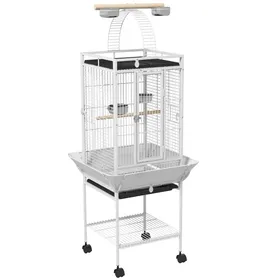 Comparer les prix de Cage à perroquets - 625x625x156 cm - Blanc - 3 portes avec serrures - 2 perchoirs en bois - Roulettes à 360°