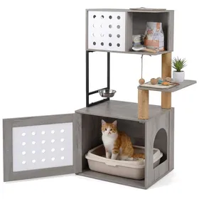 Meilleurs prix pour Arbre à Chat Multi-niveaux COSTWAY Bac à Litière Niche Gamelle Poteaux de Sisal Tapis à Griffer Plate-formes Pompons Gris