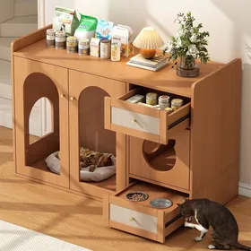 Meilleurs prix pour Meuble multifonction pour chat cache-litière - Niche rangement et mangeoires intégrés - Design bois noyer pour salon