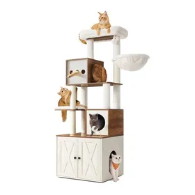 Meilleurs prix pour Arbre à Chat Moderne avec Cache-litière, 180 cm, Niche, Plateforme, Tapis Lavables, Marron Miel et Blanc Rustique