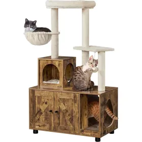 Comparer les prix de Maison DIntérieur Tout-En-Un Avec Griffoir Meuble De Litière En Bois Pour Chat Avec Niche Pour Chat Plate-Forme Marron R[YA360]