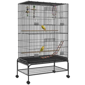 Meilleurs prix pour Cage à oiseaux - 97x58x160 cm - Noir - Acier - Perchoirs en bois - Jouets inclus - Bac amovible - Toit ouvrant