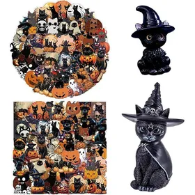 Meilleurs prix pour Décoration Halloween Chat Sorcièreavec Chat Figurine et 50 Autocolnts pour Maison Table Chambre pour DECORS DE TABLE