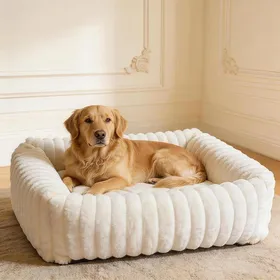 Comparer les prix de M Panier Chien Rectangulaire Texture Ondulée Crème – Lit pour Chien Moelleux Pelucheux Rempli de CotonBords SurélevésHousse