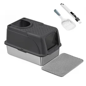Meilleurs prix pour Bac à Litière pour Chat en Acier Inoxydable Grande Taille Design Étanche Pelle Brosse Double Entrée Noir dEncre
