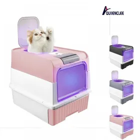 Meilleurs prix pour Bac à litière pliable en PP QUIIENCLEE conception anti-éclaboussures bac à litière à tiroir 48×35×36cm rose