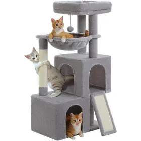 Comparer les prix de Arbre à chat de 104 cm avec 2 grottes spacieuses pour chats dappartementmaison pour chat avec hamac confortable de 40 cmgris