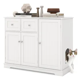 Comparer les prix de GOPLUS 100x45x80CM Maison de Toilette pour Chat, Armoire à 3 Portes avec 2 Tiroirs, Trou d'Entrée Latéral pour Chat, Blanc