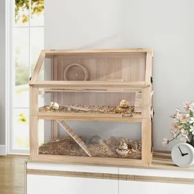 Comparer les prix de Cage en bois pour hamster 3 niveaux avec couvercle à charnière et roue dexercice 80 x 50 x 76 cm bois naturel