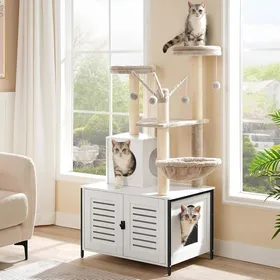 Comparer les prix de HOOBRO Arbre avec Maison de Litière en Bois avec Tour pour Chat Bâton taquin à Pompon Amovible Piliers en Sisal Blanc