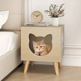 Meilleurs prix pour GIANTEX Niche Chat en Bois Intérieur 45 x 40 x 54 CM Maison pour Chat avec Plateau Grand Amovible  Charge 30KG Naturel
