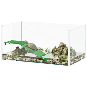 Meilleurs prix pour Aquarium pour Tortues Terrarium avec Plateforme et Rampe Vue Panoramique 360° Verre Trempé 60x35x28 cm Blanc