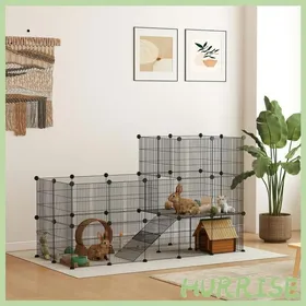 Comparer les prix de Cocosity Enclos Pour Petits Animaux Cage À Lapin Modulable 2 Niveaux 39 Panneaux Avec Rampe En Acier 140 X 70 X 105 Cm Noir