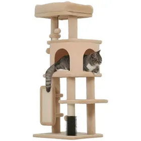 Comparer les prix de Arbre à chat - PawHut - tapis griffoir lit maison brosse de toilettage plateformes - panneau de particules - 44x34x104cm - beige