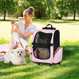 Meilleurs prix pour Sac de transport à roulettes pour chien 2 en 1 trolley chariot poignée téléscopique sacs rangement 42 x 25 x 55 cm rose