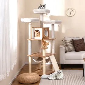 Meilleurs prix pour GOPLUS Arbre à Chat Multi-niveaux avec 3 Perchoirs Rembourrés, Tour pour Chat avec Hamac, Brosse d’Auto-toilettage, Naturel