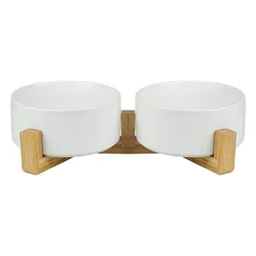 Meilleurs prix pour Blanc Pet Gamelles pour Chien et Chat Gamelles Chien Chat Céramique Support Bambou -Va au Lave-Vaisselle et Facile à Nettoyer (2