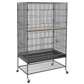 Comparer les prix de Volière - Cage Oiseau Avec Perchoirs Et Étagère 94x57x153 Cm Grise - Portes Et Roulettes Pour Facile Déplacement Et Nettoyage